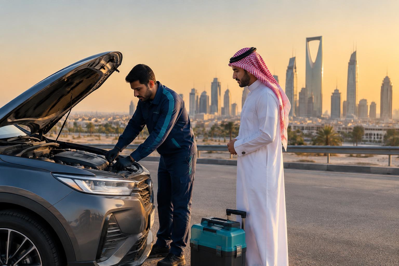 فني مساعدة على الطريق يساعد سائقاً في أحد طرق الرياض ضمن تجربة كارفيورا