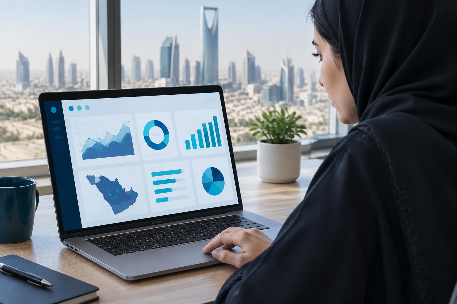 محللة بيانات تراجع لوحة مؤشرات على حاسوب محمول في مكتب بالرياض