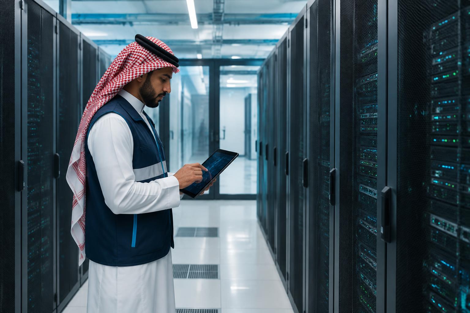فني بنية تحتية يحمل جهازاً لوحياً داخل مركز بيانات منظم