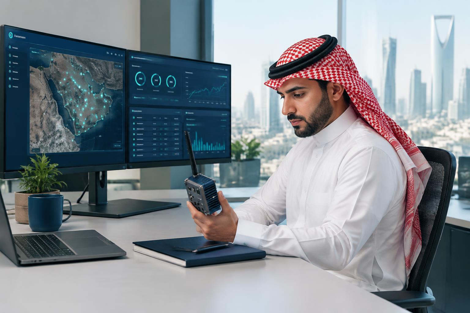 مختص تقني سعودي يراجع بوابة أجهزة متصلة ولوحة متابعة لإنترنت الأشياء في مكتب بالرياض