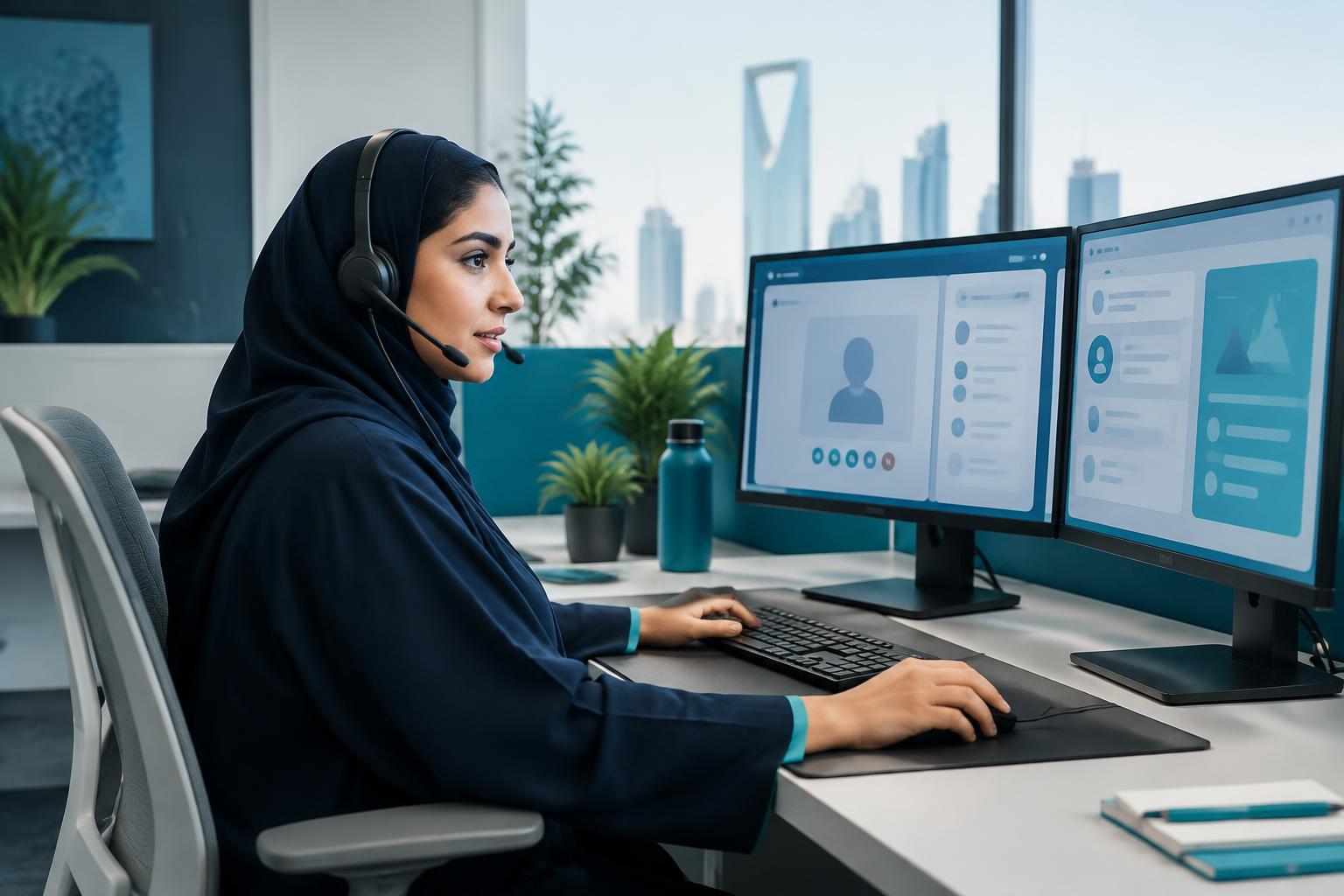 مهندسة مكتب خدمات تساعد مستخدماً عن بُعد من مكتب بالرياض