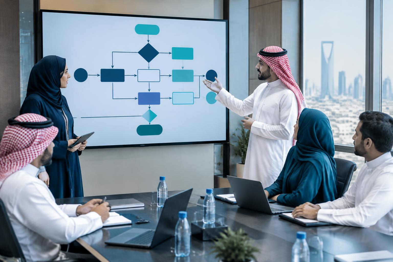 فريق عمليات يراجع مخطط سير إجراءات على شاشة كبيرة