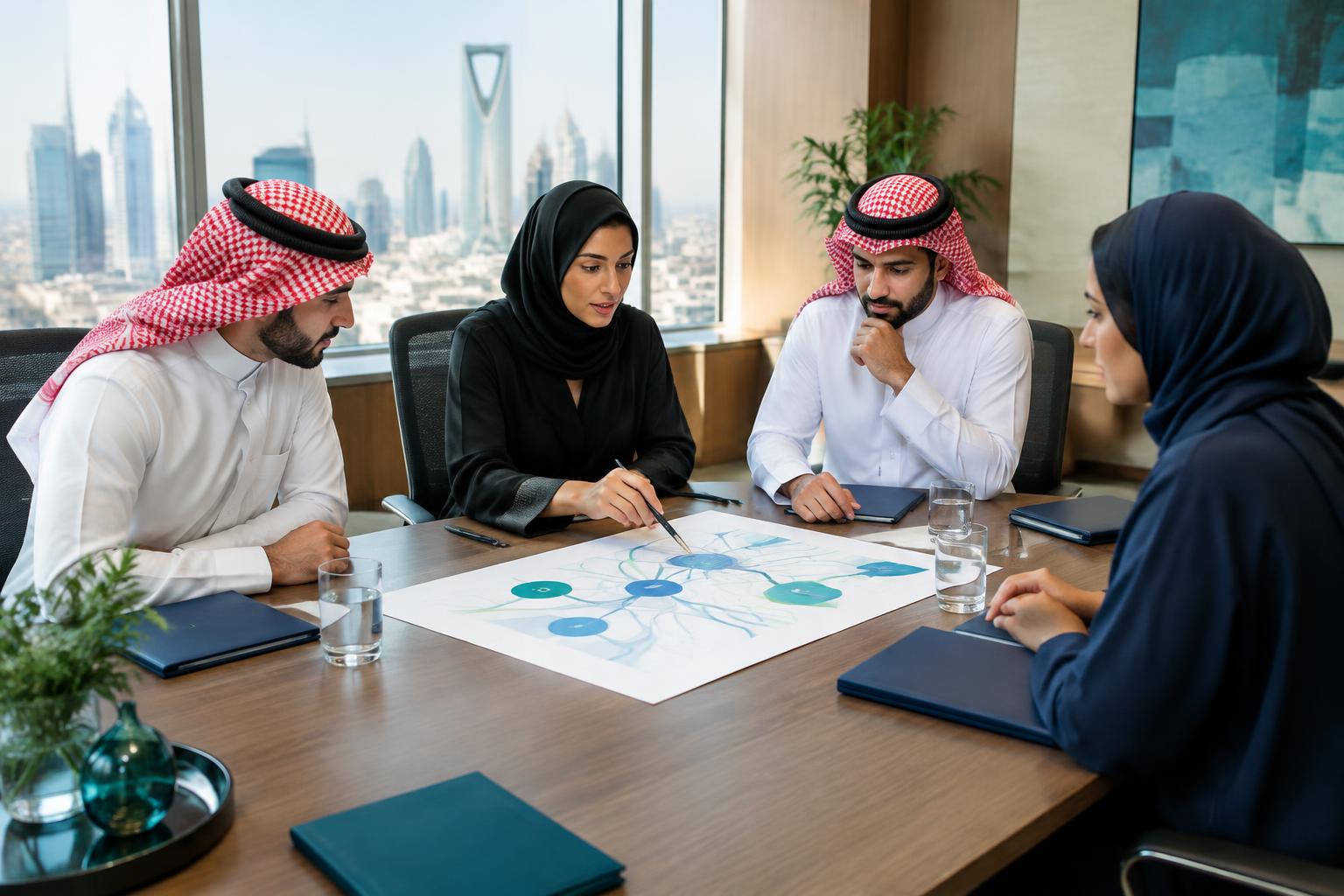 تنفيذيون سعوديون يناقشون خريطة استراتيجية مطبوعة حول طاولة